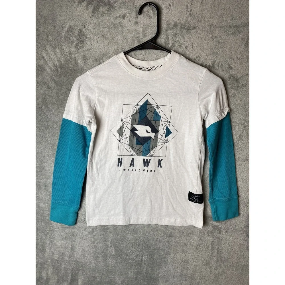 Hawk Kids S Long Sleeve Shirt White Teal Graphic Design